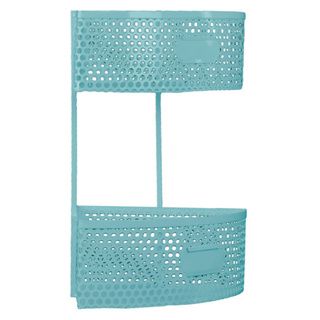 Light Blue Metal Corner Shelf with 2 Tiers Perforated Sides and 2 Card