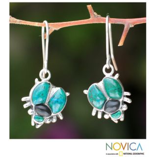 Silver Bright Scarab Chrysocolla and Obsidian Earrings (Peru)