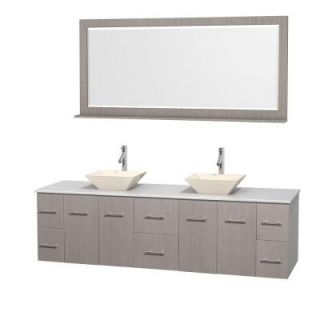 Wyndham Collection Centra 80 in. Double Vanity in Gray Oak with Solid Surface Vanity Top in White, Bone Porcelain Sinks and 70 in. Mirror WCVW00980DGOWSD2BM70