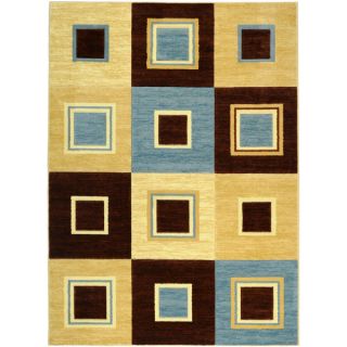 Hand carved Geometric Boxes Blue/ Beige Area Rug (711 x 910
