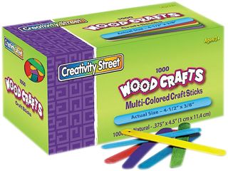 Chenille Kraft 3775 02 Colored Wood Craft Sticks, 4 1/2 X 3/8, Wood, Assorted, 1000/Box