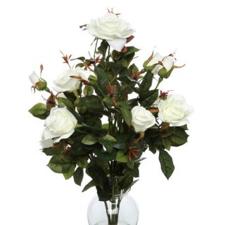 Nearly Natural Rose Bush with Vase Silk Flower Arrangement in White