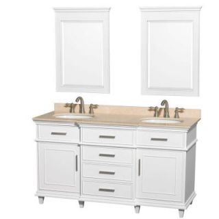 Wyndham Collection Berkeley 60 in. Double Vanity in White with Marble Vanity Top in Ivory, Oval Sink and 24 in. Mirrors WCV171760DWHIVUNRM24