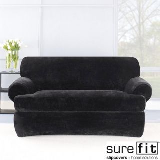 Sure Fit Stretch Plush Black T cushion Loveseat Slipcover   14974060