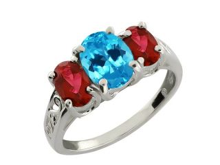 2.60 Ct Oval Swiss Blue Topaz and Red Garnet Sterling Silver Ring