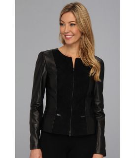 dkny collarless zip front leather jacket black