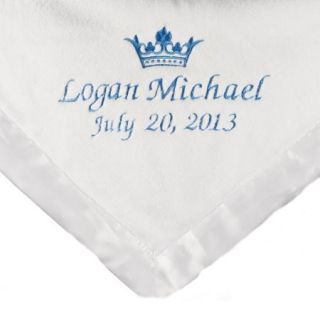 Personalized Satin Trim White Baby Blanket, Blue Name, Date and Crown