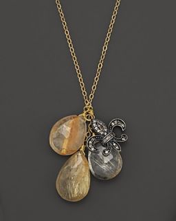 Multi Tonal Rutilated Quartz Briolettes with Pav Diamond Bead Charm Necklace, 17"