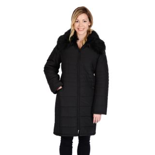 Excelled Womens Polyester Quilted 3/4 Puffer with Faux Fur Collar