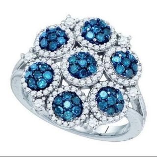 10K White Gold 1.25ctw Shiny Pave Diamond Ladies Blue Flower Fashion Ring