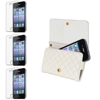 BasAcc White Leather Wallet Case/Screen Protector for Apple iPhone 4S