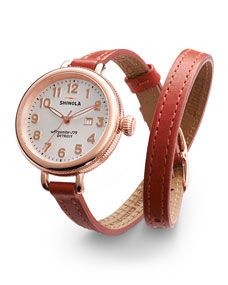 Shinola The 34mm Birdy Rose Golden Double Wrap Watch, Red