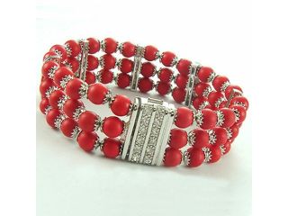 C.Z. (.925) Sterling Silver And Red Coral Rhodium Plated Bracelet