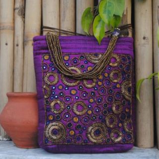 Purple Embroidered Silk Evening Bag with Beads and Mirrors (India