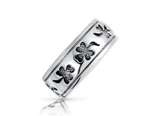 Bling Jewelry Unisex Sterling Silver Antique Style Black Clover Shamrock Band Ring