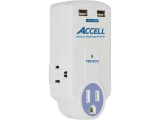 ACCELL D080B 010K Wall Mount 3 Outlets 612 Joules Travel Surge Protector with Dual USB Charging