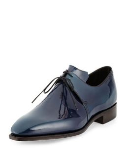 Corthay Arca Patent Leather Derby Shoe with Blue Patina, Navy