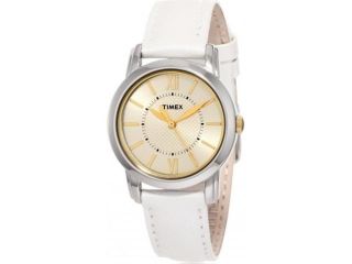 Timex T2N682 Women's White Leather Strap Champagne Dial Classics Dress Watch