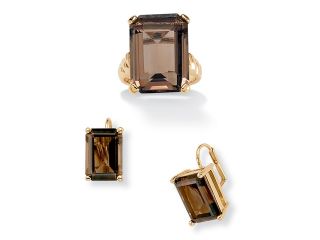 PalmBeach Jewelry 2 Piece 25.25 TCW Smoky Quartz Ring and Earrings Set in 14k Gold Plated