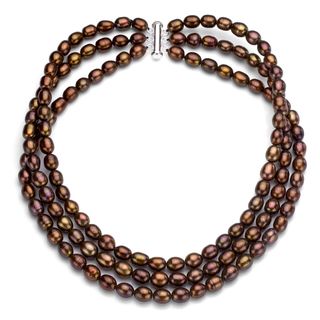 DaVonna Silver Brown FW Pearl 3 strand Necklace (7 7.5 mm)