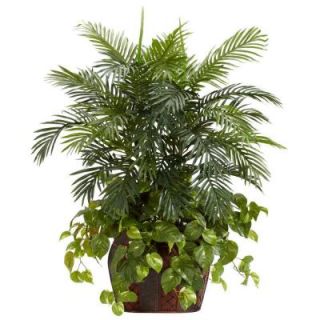 Nearly Natural 3.5 ft. Green Double Areca with Vase and Pothos Silk Plant 6633