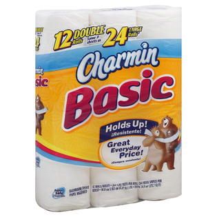 Charmin Basic Bathroom Tissue, Double Rolls, Unscented, 1 Ply, 20