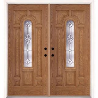 Feather River Doors 74 in. x 81.625 in. Medina Zinc Center Arch Lite Stained Light Oak Fiberglass Double Prehung Front Door 332390 400
