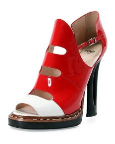 Fendi Cutout Colorblock Patent Bootie, Fuccio/Bianco