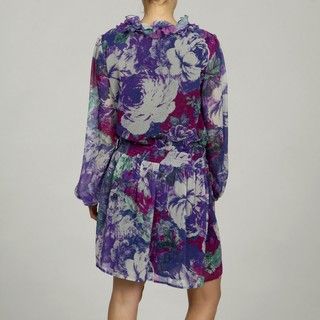 Womens Abstract Floral Chiffon Blouson Ruffled Tunic Dress