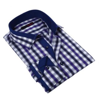 Ungaro Mens Checkered Black Purple/ Blue Cotton Dress Shirt   17131003