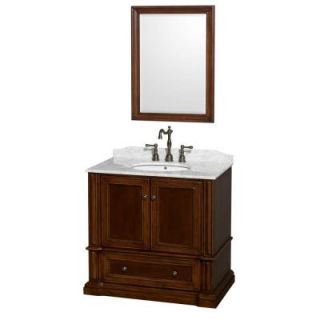 Wyndham Collection Rochester 37.5 in. Vanity in Cherry with Marble Vanity Top in White Carrara and 24 in. Mirror WCVJ23136SCHCMUNOM24