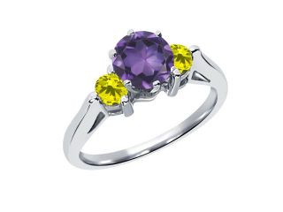 0.58 Ct Round Purple Amethyst Canary Diamond 18K White Gold 3 Stone Ring