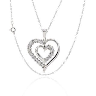 Sterling Silver Cubic Zirconia Double Heart 17 inch Chain Necklace