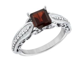 10K White Gold Natural Garnet Ring Square 8x8mm with Diamond Accents, sizes 5   10