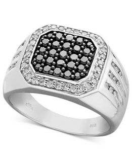 Mens Black and White Diamond Square Ring in Sterling Silver (1 ct. t