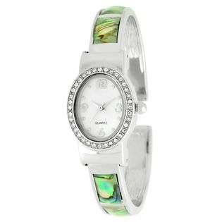Ladies Watch w/Stone/ST Oval Case, White Dial and Abalone/ST Bangle