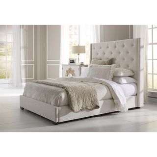Wingback Button Tufted Cream Queen Size Upholstered Bed  