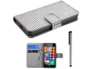 For Nokia Lumia 635 Studded Diamond Design Wallet Pouch Flap Phone Protector Cover Case Accessory with Stylus Pen