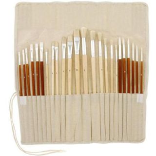 US Art Supply 24pc Oil & Acrylic Paint Long Handle Brush Set FREE Canvas Roll Up