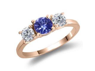 0.96 Ct Round Blue Tanzanite G/H Diamond 925 Rose Gold Plated Silver Ring