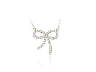 Sterling Silver CZ Bow Tie Pendant Necklace 18"