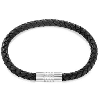 Braided Black Leather Bracelet with Stainless Steel Magnetic Clasp
