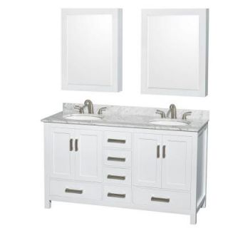 Wyndham Collection Sheffield 60 in. Double Vanity in White with Marble Vanity Top in Carrara White and Medicine Cabinets WCS141460DWHCMUNOMED