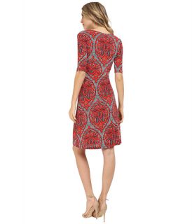 Christin Michaels Tea Length 3/4 Sleeve Wrap Dress Coral Print