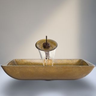 VIGO Rectangular Amber Sunset Glass Vessel Sink and Waterfall Faucet