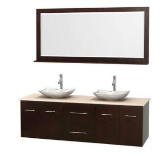 Wyndham Collection Centra 72 inch Double Bathroom Vanity in Espresso, White Carrera Marble Countertop, Arista Ivory Marble Sinks, and 70 inch Mirror