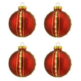 4ct Matte Red with Swirls & Gold Striped Design Glass Ball Christmas Ornaments 2.5" (65mm)