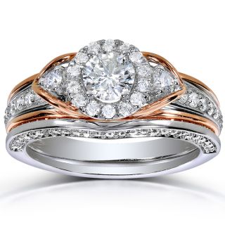 Annello 14k 2 tone Gold 1ct TDW Round cut Halo Art Deco Diamond Bridal
