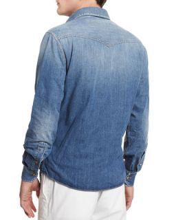 Brunello Cucinelli Ribbed Knit Full Zip Cardigan, Western Style Button Down Denim Shirt, Striped Crewneck Short Sleeve Tee & Para New Wool Cargo Pocket Pants