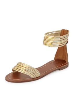 Tory Burch Mignon Rings Strappy Flat Ankle wrap Sandal, Gold